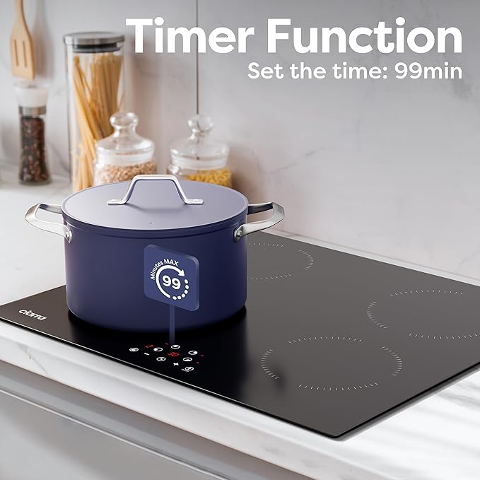 CDV 6000W Built-in Induction Cooktop 4 Burners, 24 Inch Electric Cooktop Touch Control Ceramic Glass Plate 9 Power Levels Fast Heating Safety Child Lock