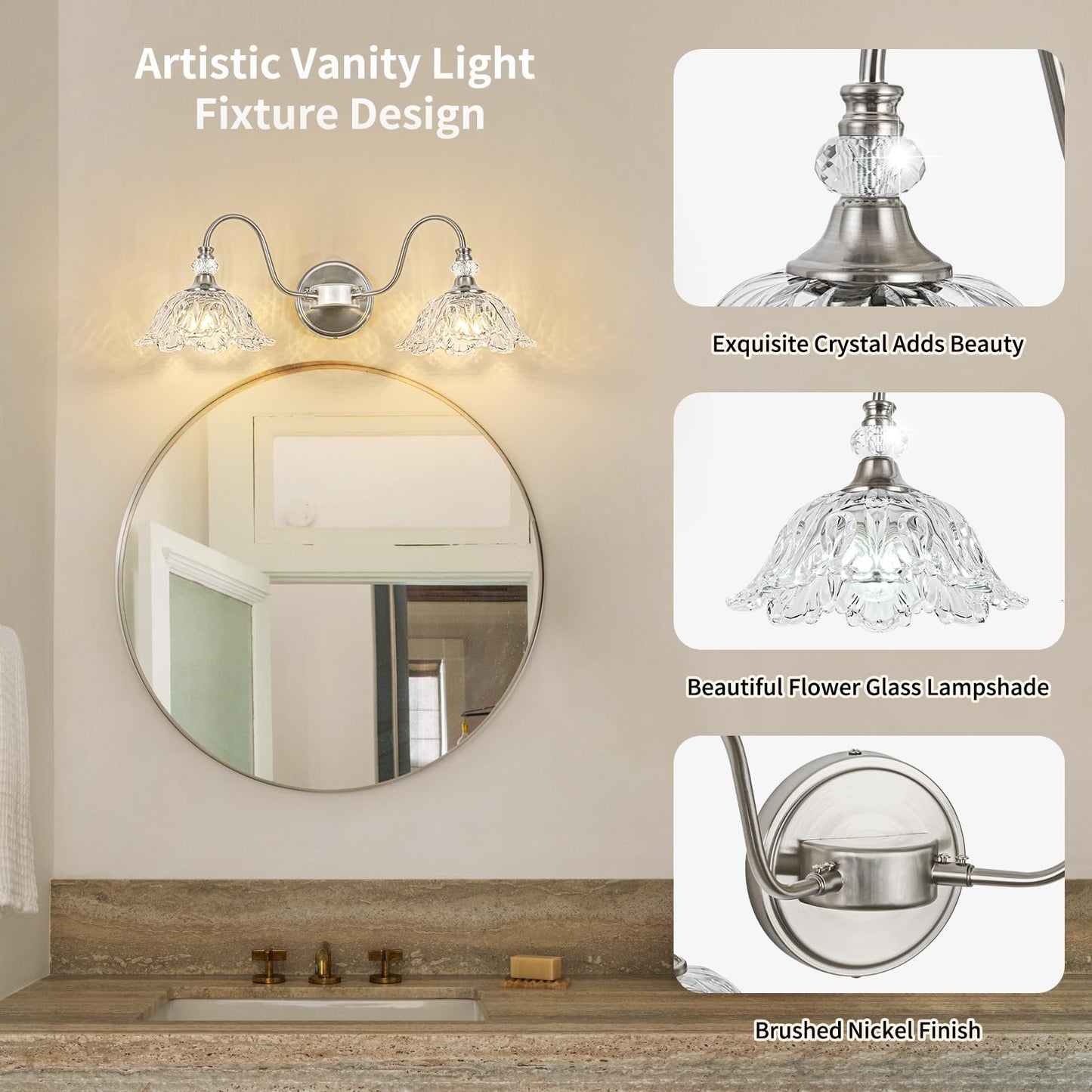 Sunkryster Brushed Nickel Bathroom Vanity Light  2-Light Vanity Light With Floral Clear Glass Shades  Nickel Wall Mount Lighting For Bathroom  Dressing Table