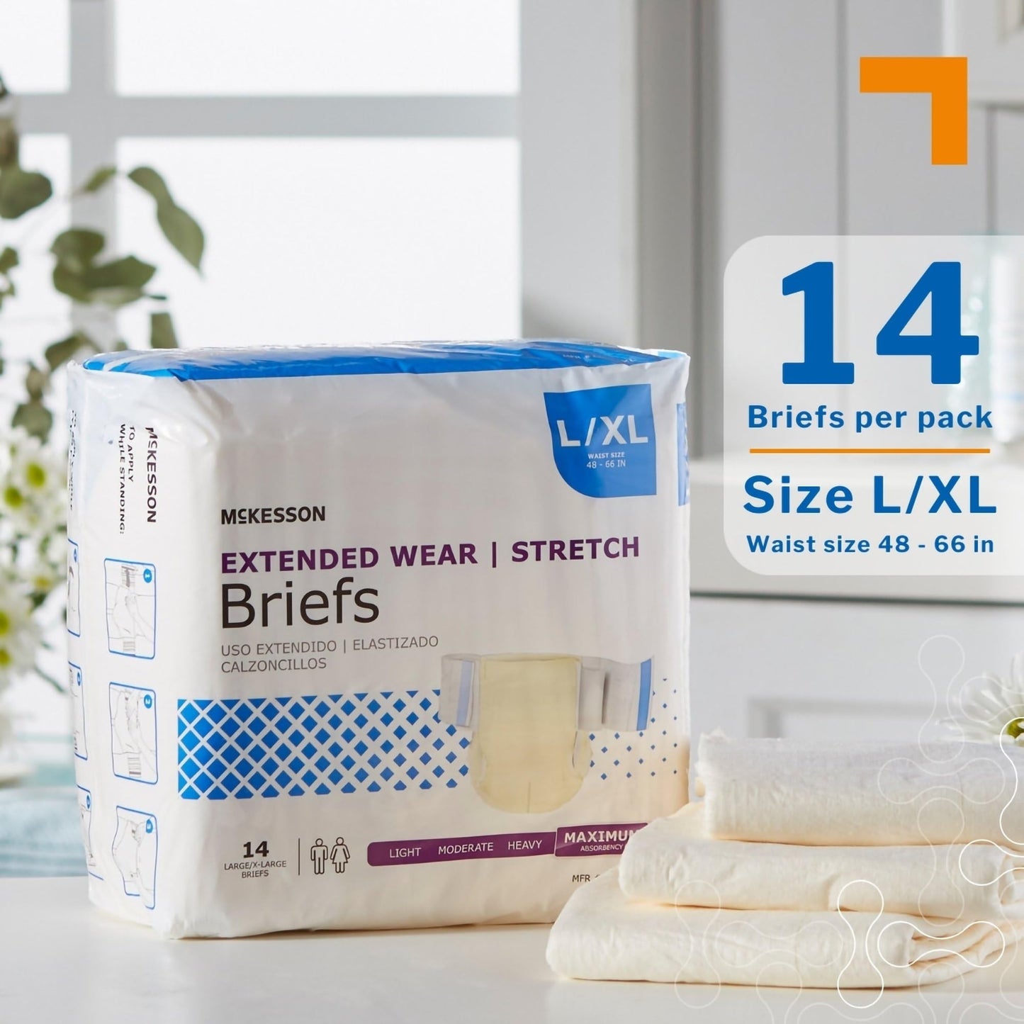McKesson Extended Wear Stretch Briefs, 56 Count, Size L/XL (48–66 in) – Overnight Adult Diapers with Tabs, Maximum Absorbency, Unisex Disposable Incontinence Briefs for Men and Women