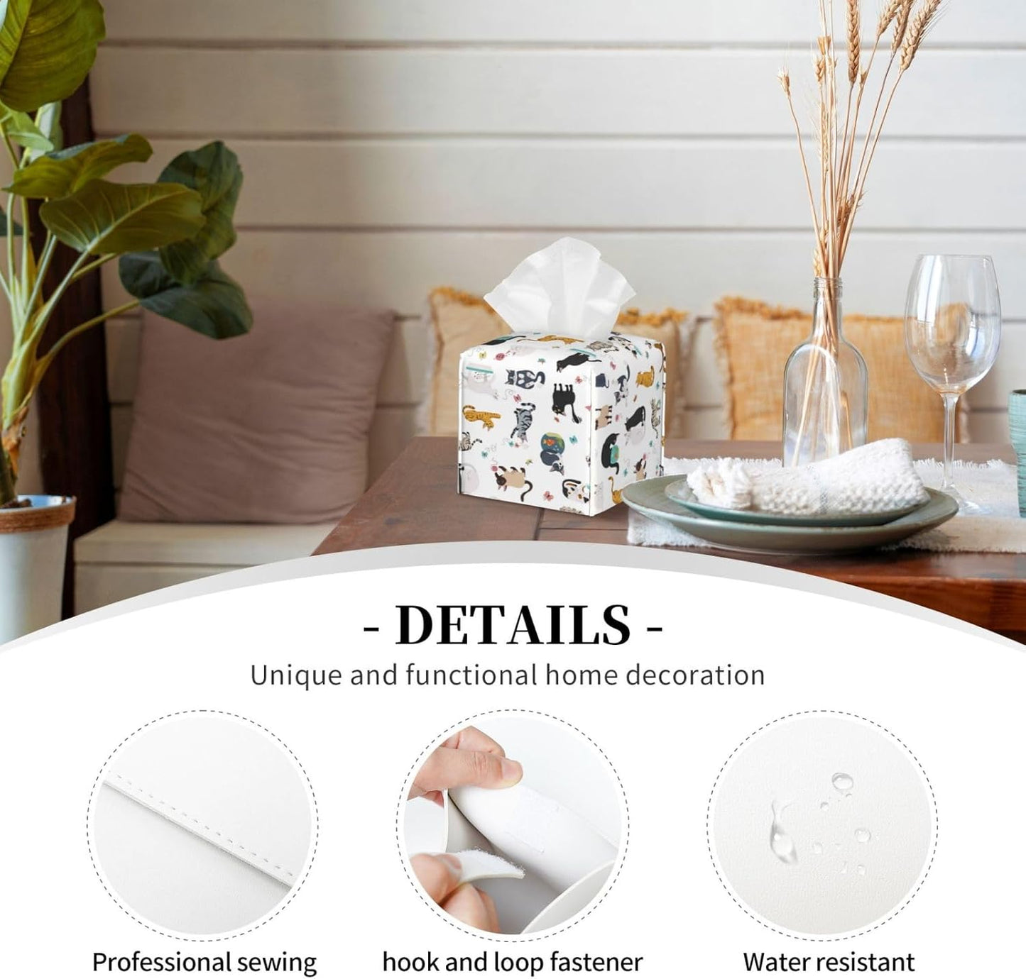 Cat Theme Tissue Box Holder Paper Organizer, PU Leather Tissue Case Cover, Cat Decor for Bathroom, Kitchen, Car