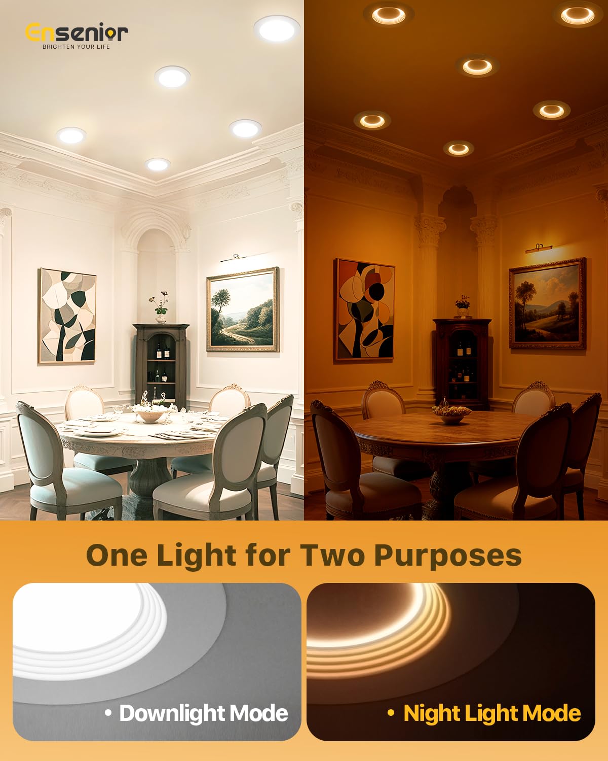 Ensenior 5/6 Inch 5CCT LED Can Lights with Night Light 6 Pack, Retrofit Led Recessed Lighting, Baffle Trim, Dimmable, 9W=110W, 1000LM
