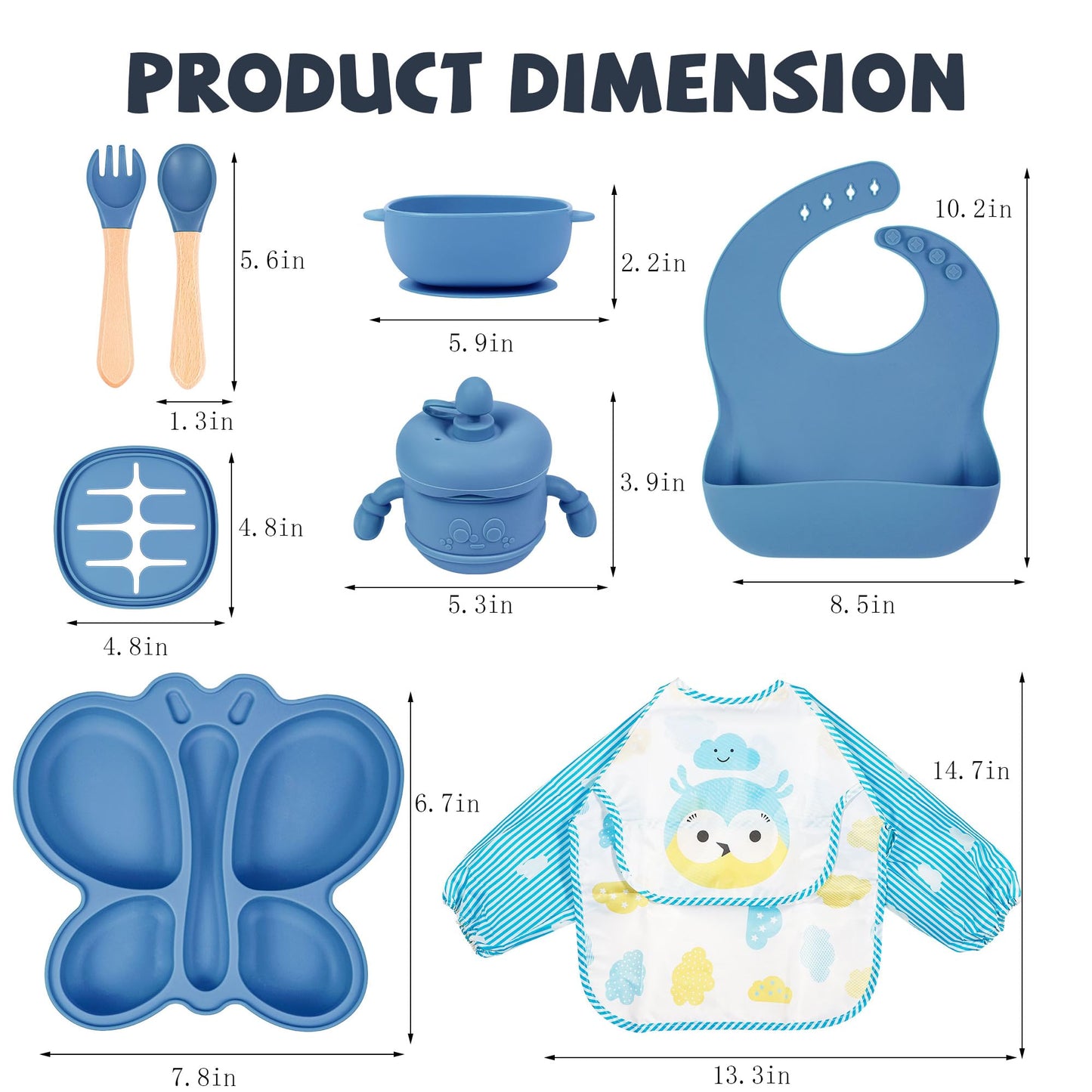 Silicone Baby Feeding Set, Baby Led Weaning Supplies, Silicone Suction Butterfly Plate, Bowl, Spoons, Fork and Waterproof Bib & Cloth Bib, Eating Utensils Baby Feeding Essentials (Blue)