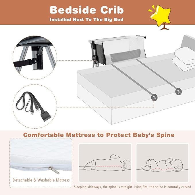 BABY JOY Bedside Bassinet, Portable Baby Crib w/Mattress, Two-Side Breathable Mesh, 7 Height Adjustable, Large Storage, Wheels for Easy Movement, Crib for Newborn Infant, Bassinet for Baby, Dark Grey