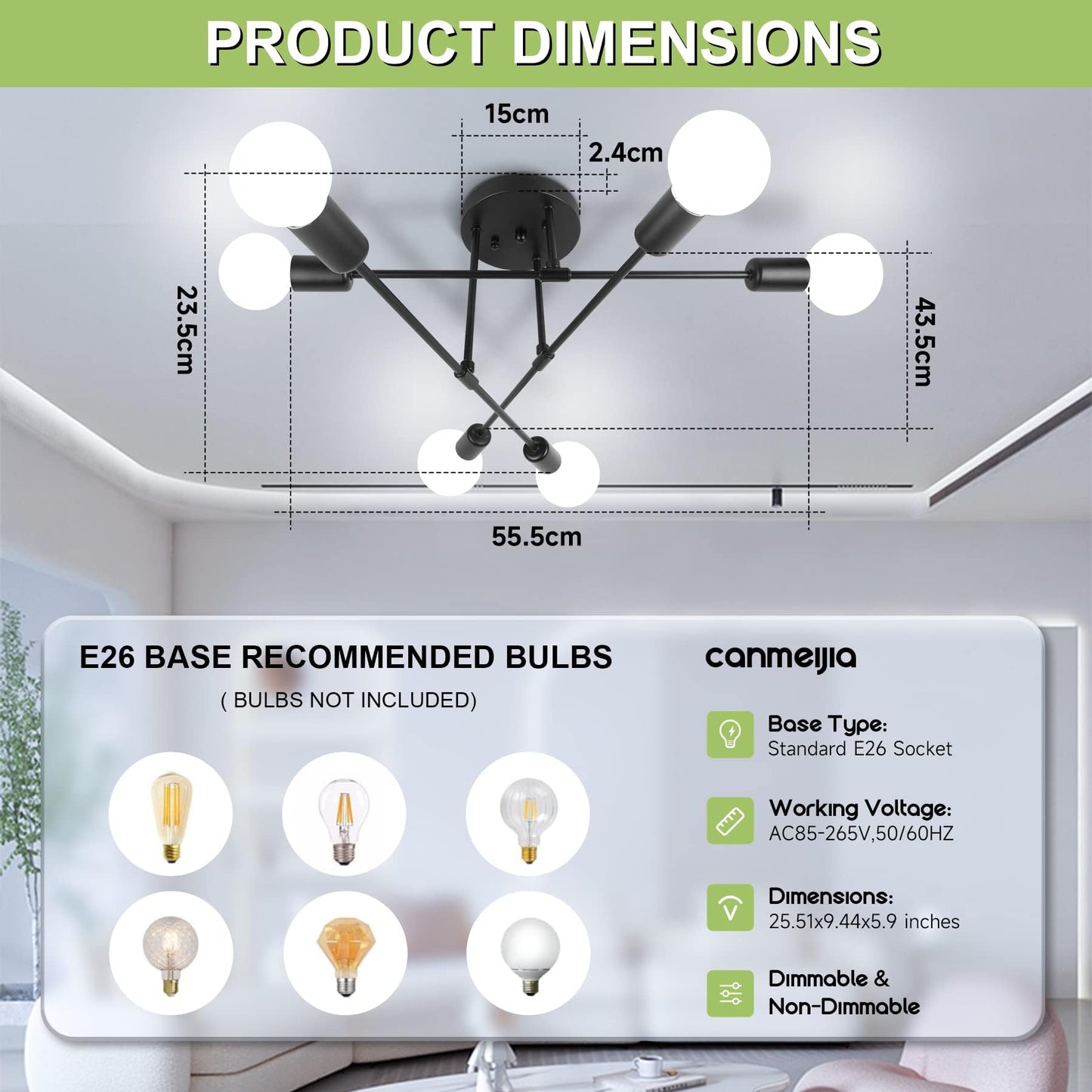 CANMEIJIA Modern Sputnik Chandelier 6-Light Ceiling Fixture A-6-Light Black CMJ-6L-B-01