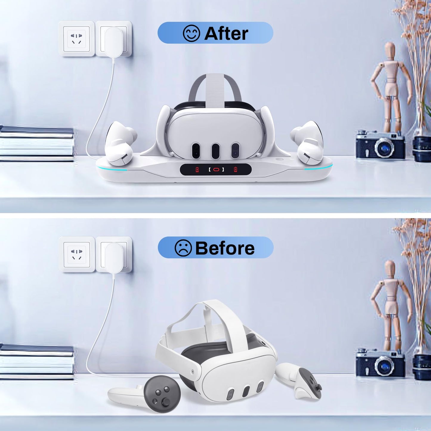 Lampelc Charging Dock for Meta Quest 3, Auto-Clamping Fast Charging Station VR Charger Stand for Headset Controllers Accessories, with 2 Rechargeable Batteries, LED Display