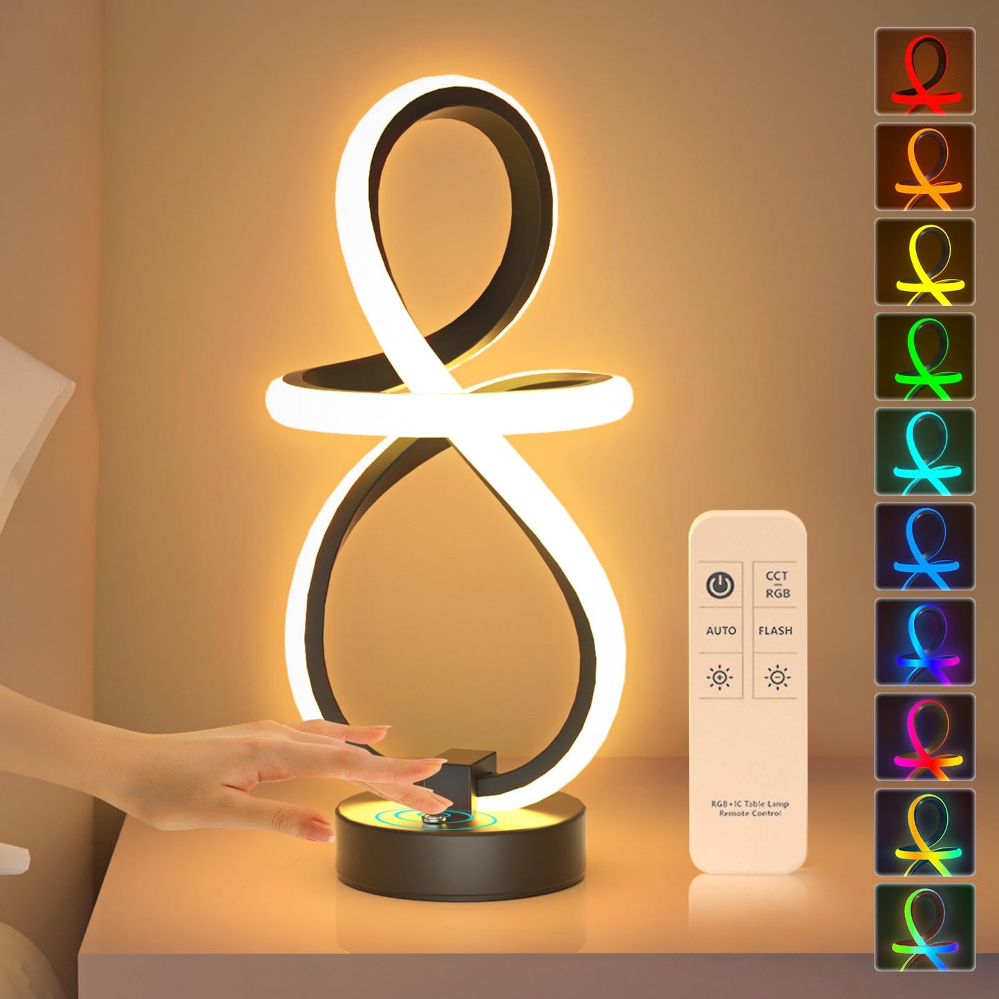 PutWish Spiral LED Table Lamp, 16 RGB Modes, Touch & Remote Control, 3-Way Dimmable, Black, Model MT7195-1