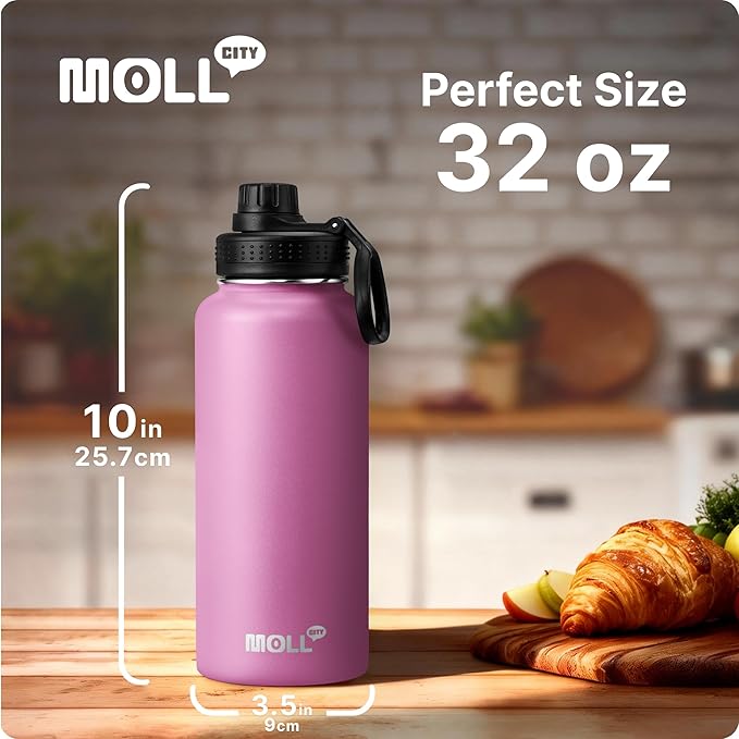 Insulated Water Bottle-32 oz Stainless Steel Vacuum Wide Mouth Sports Flask with Silicone Boot-Reusable Metal Leak Proof Travel Water Bottle for Girls Boys, BPA-Free(Purple Pink)