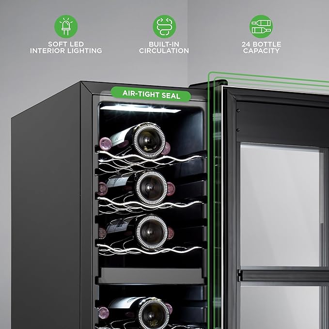 NutriChef 24 Bottle Wine Fridge | Dual Zone Chiller | Adjustable Temperature 41°F to 64°F | Ultra Quiet Operation | Wine Cooler for Home, & Office | FreeStanding 39x11x23 in (Black)