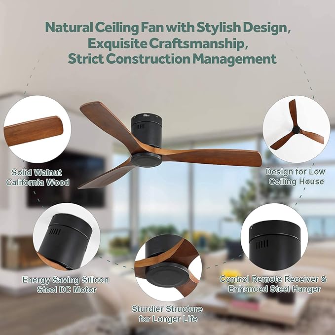 Sofucor 52" Flush Mount Ceiling Fan no Light and Remote Control, Indoor Outdoor Ceiling Fans Without Light, Quiet Energy Saving with 6 Speeds, Timer, Brown