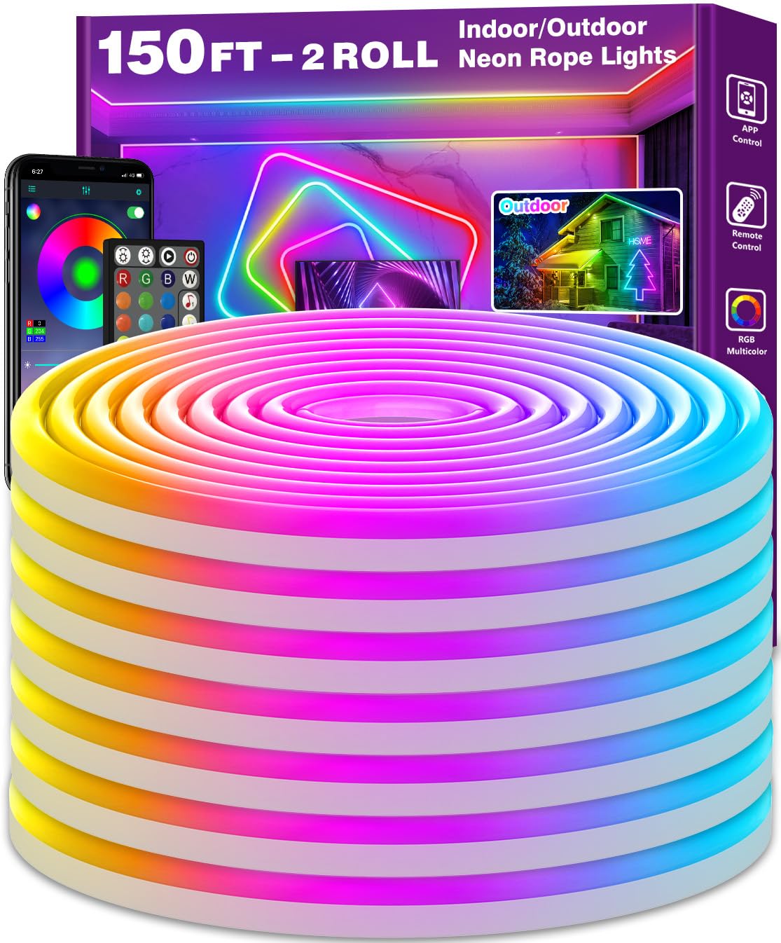 AILBTON Neon Rope Lights, 150Ft RGB LED, Music Sync, App/Remote Control, IP65 Outdoor, Silicone, Flexible, 20FT Model