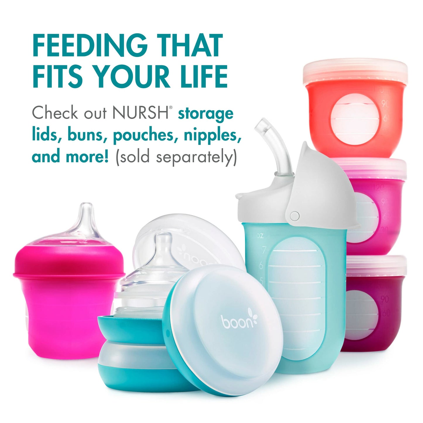 Boon Nursh Reusable Silicone Pouch Baby Bottles - Medium Flow Nipple - Silicone Baby Bottle Pouch and Nipple - Baby Feeding Essentials - Blue - 3-6 Months - 3 Count - 8 Ounce