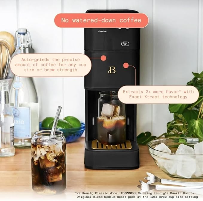 Beautiful Perfect Grind Programmable Single Serve Coffee Maker with Touch-activated Display, Programmable and Integrated Burr Grinder, 64oz Water Reservoir (Black Sesame)