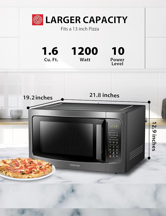 TOSHIBA ML-EM45P(BS) Countertop Microwave Oven with Smart Sensor and 13.6" Removable Position Memory Turntable, Sound On/Off Function, 1200W, 1.6 Cu.ft, Black Stainless Steel