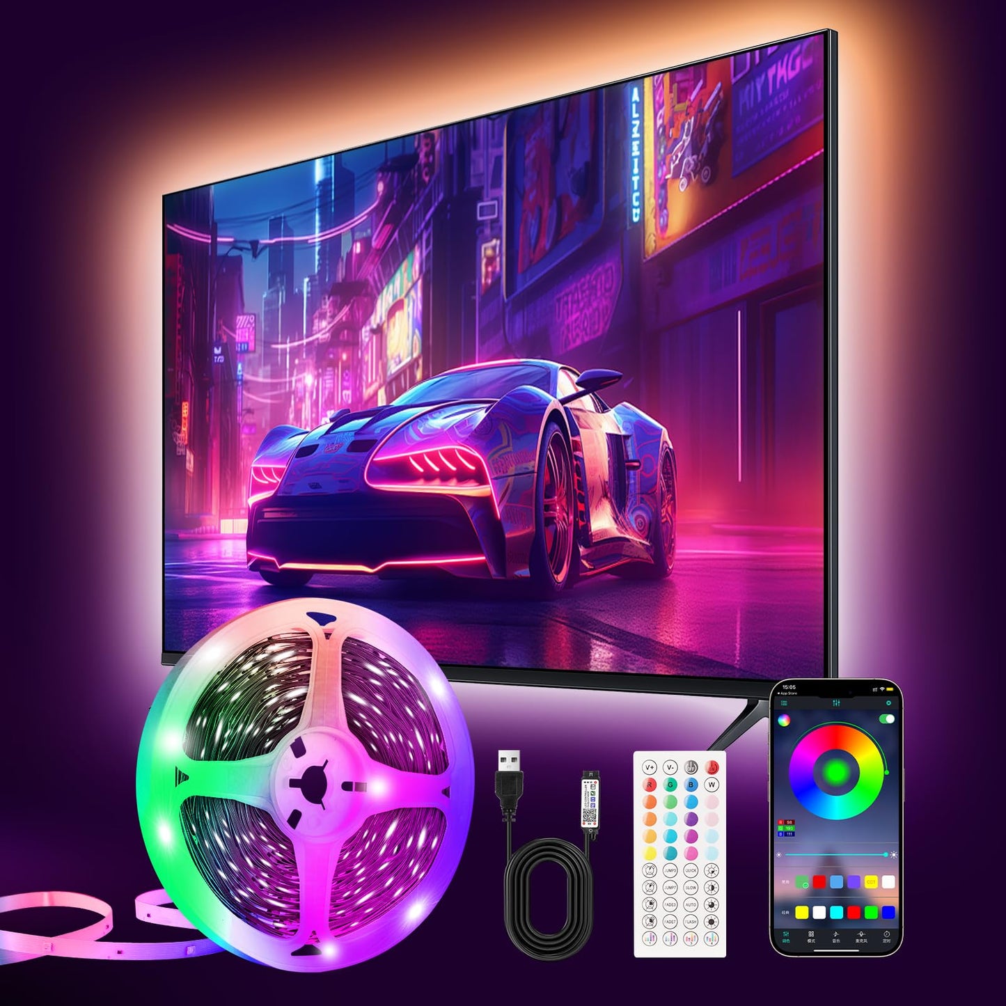 Pstar Rgb Led Backlight For 32-45 Tvs, 9.84Ft Music Sync, Usb Powered, Remote & App Control, Vinyl Material