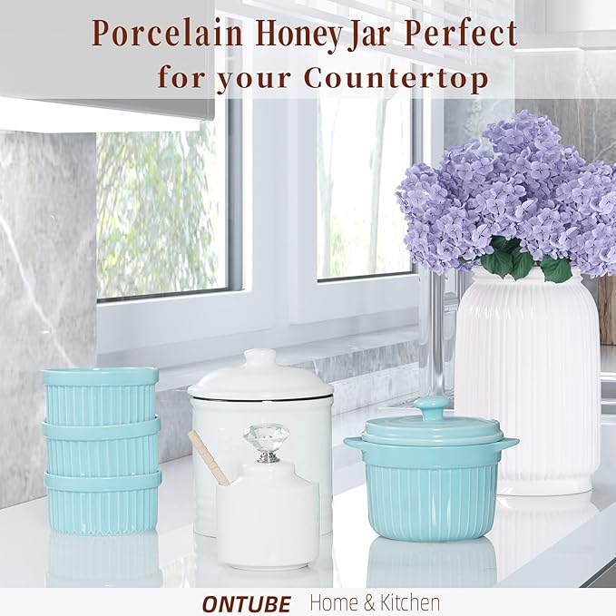 ONTUBE Ceramic Honey Jar with Dipper and Crystal Lid, Small Honey Pot for Home Kitchen, 8oz (Silver)
