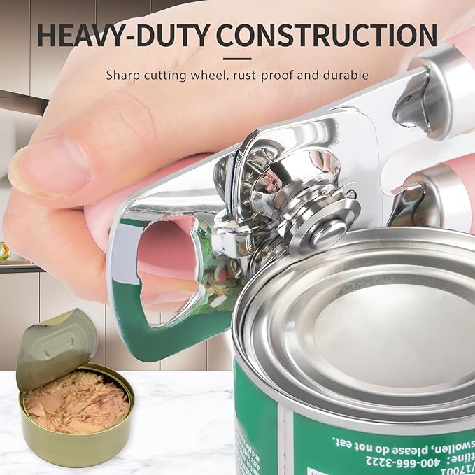 Can Opener Manual, Heavy Duty Stainless Steel Smooth Edge Can Opener With Soft Touch Handle, Oversized Handheld Easy Turn Knob, Multi-Function Bottle Opener, Pink