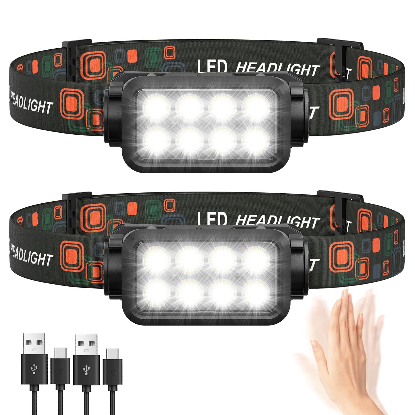 Rechargeable Headlamp Flashlight  8 Led 2500Lm Ultra-Light Bright Headlight With Motion Sensor  Waterproof Lightweight Head Lamp For mature-themed Kid  2-Pack Headlamps For Outdoor Camping Running Fishing