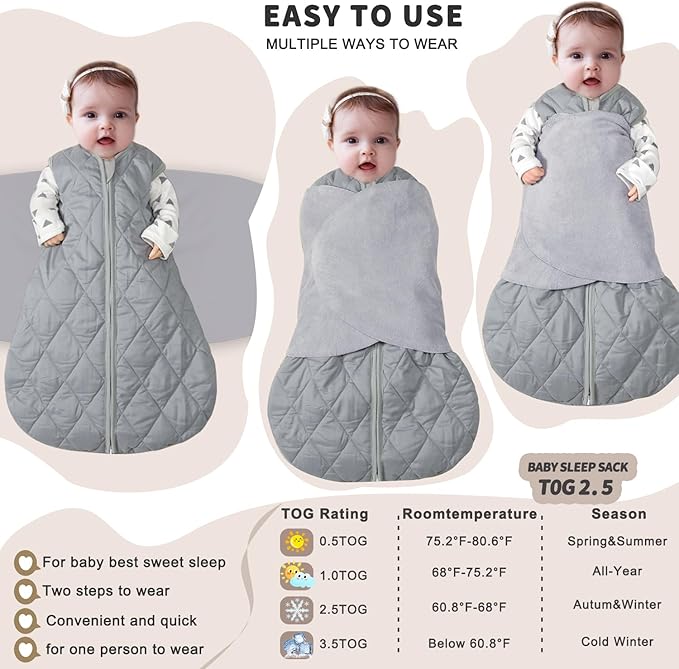 Newborn Sleep Sack Baby Swaddle,3-Way Adjustable Wearable Blanket,Swaddling Sleeping Bag,TOG 2.5 (Gray, 3-6 Months)