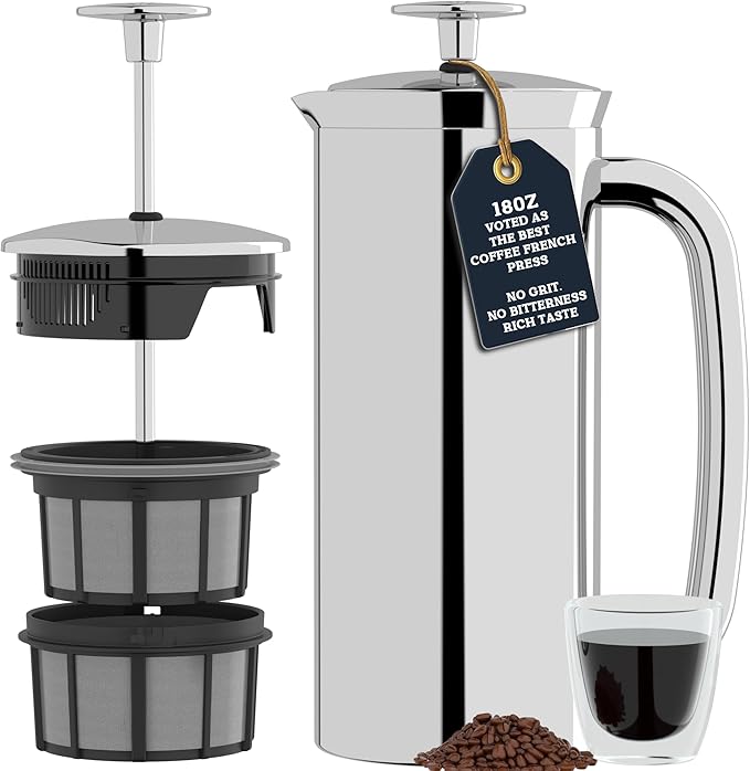 ESPRO P7 Polished French Press Stainless Steel 304 – Patented Double Walled Micro-Filter Insulated French Press Coffee Maker, Grit-Free Brew - Heat Resistant BPA Free (18oz)