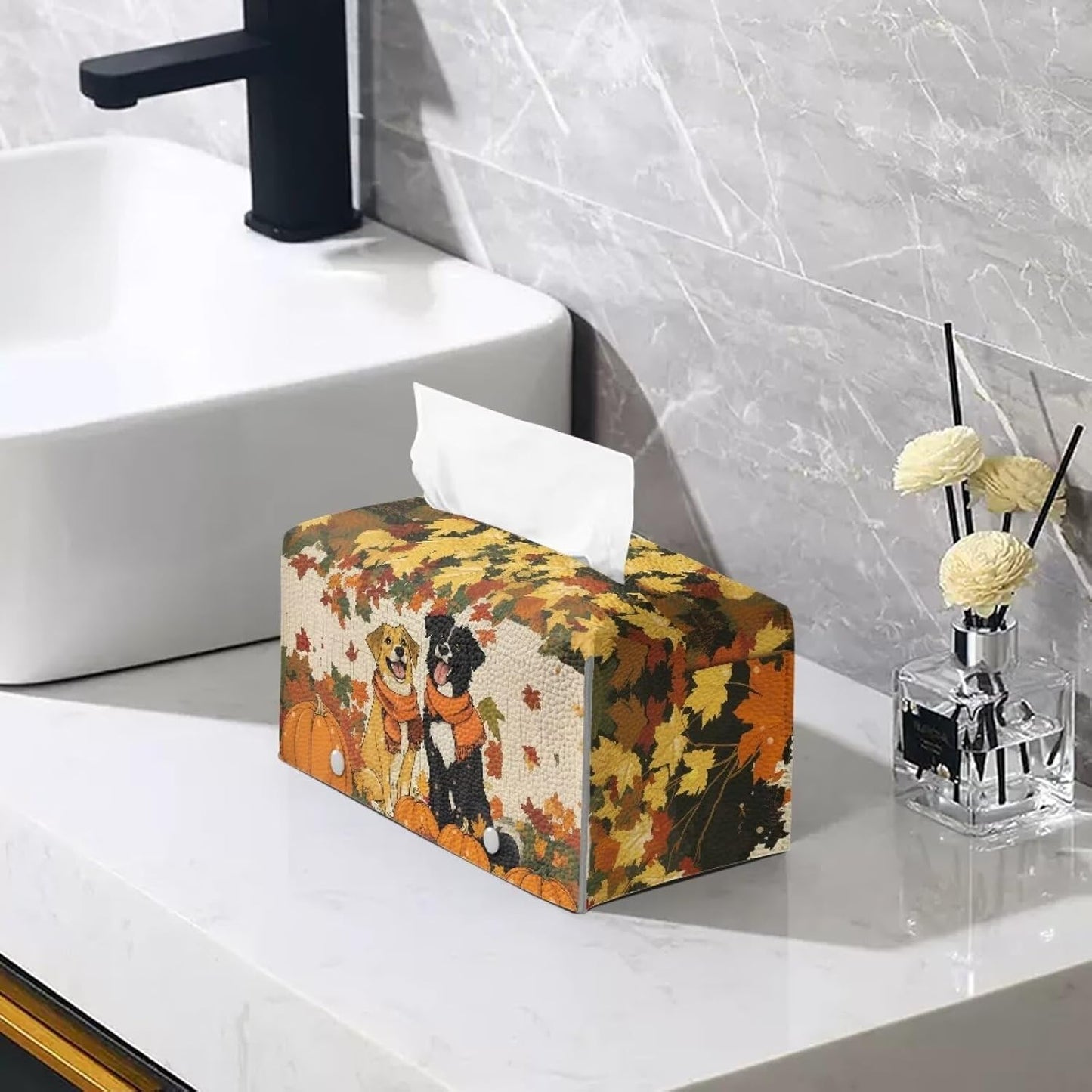 Cute Dog Tissue Box Cover Rectangle Tissue Box Cover PU Leather Facial Paper Holder Thanksgiving Decorative Napkin Organizer for Home Car Hotel Office Indoor Decorations