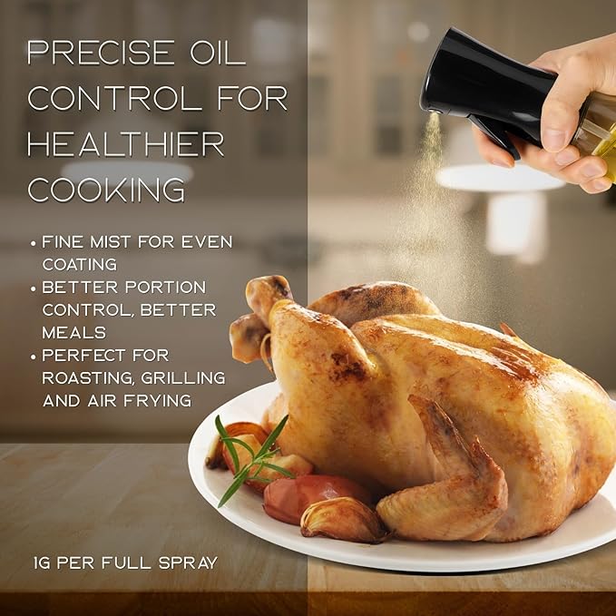 BOKKY Olive Oil Sprayer for Cooking 2 in 1, 220ml Glass Olive Oil Spray Bottle with Continuous Fine Mist, Food Grade Oil Sprayer for Air Fryer, Salad, BBQ, Baking, Frying (Black 2 Pack)