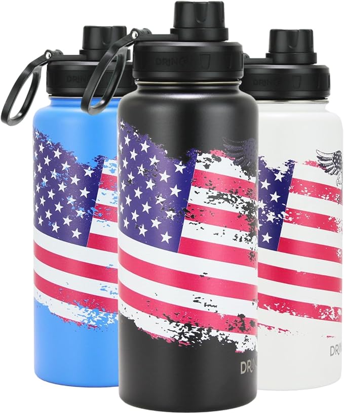 DRINCO Stainless Steel Water Bottle Spout Lid Vacuum Insulated Double Wall Water Bottle USA Flag Military Veteran (32oz US Flag Color Artic White, 32oz)
