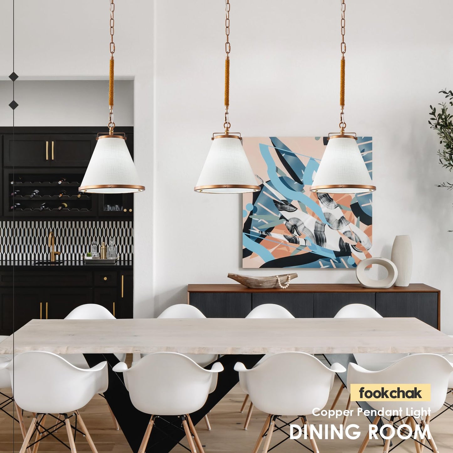 Fookchak 3-Pack Vintage Brass Kitchen Pendant Lighting Over Island White Linen Pendant Light 10In Copper Pendant Lighting With Hemp Rope Rod Entryway Ceiling Hanging Light For Dining Room