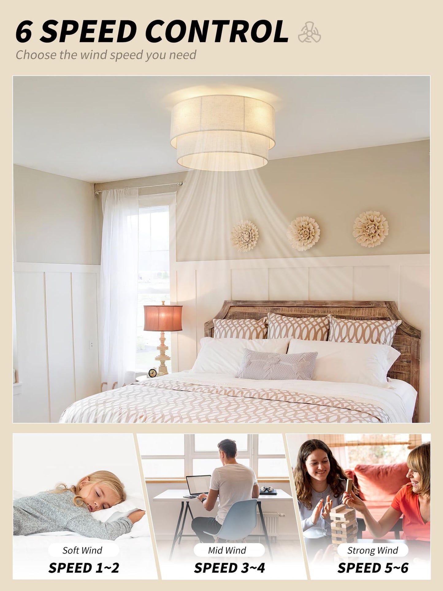 Sydacg Ceiling Fan With Lights Flush Mount, 20 Low Profile Boho Ceiling Fan With Light Remote Control, Bladeless Rattan 6 Speeds