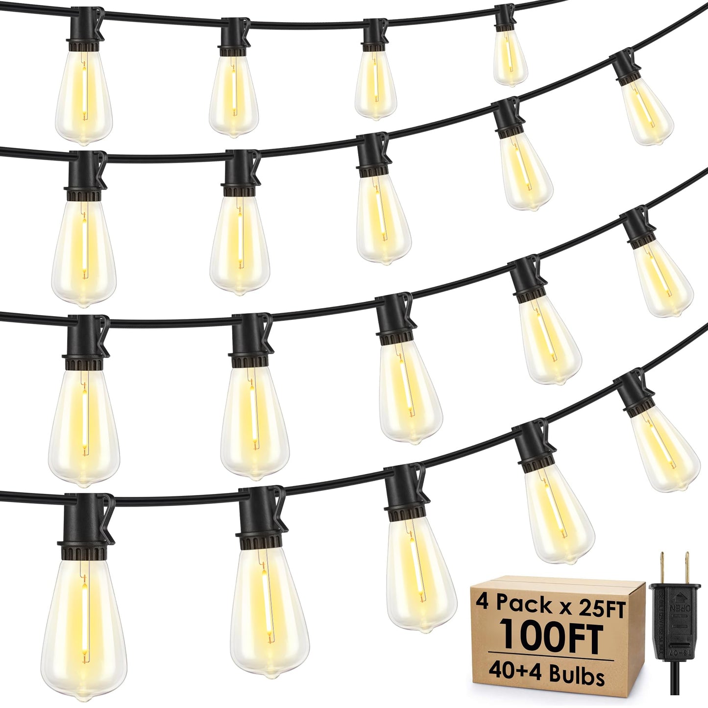Larkvue Outdoor String Lights, 100FT (4x25FT), 40+4 LED Dimmable Waterproof ST38 Edison Bulbs, Black, Model GLS-20J2P-E
