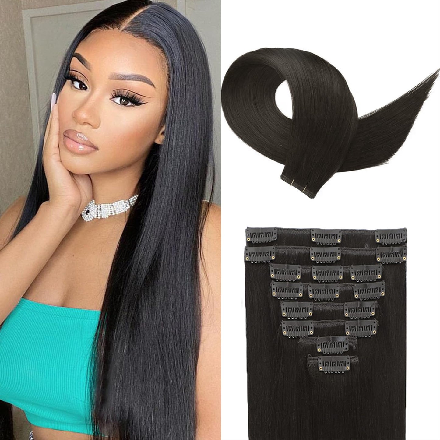 Clip in Hair Extensions Real Human Hair, 8pcs 14 Inch 10A Brazilian Virgin Remy Human Hair Clip in Extensions for Women Double W