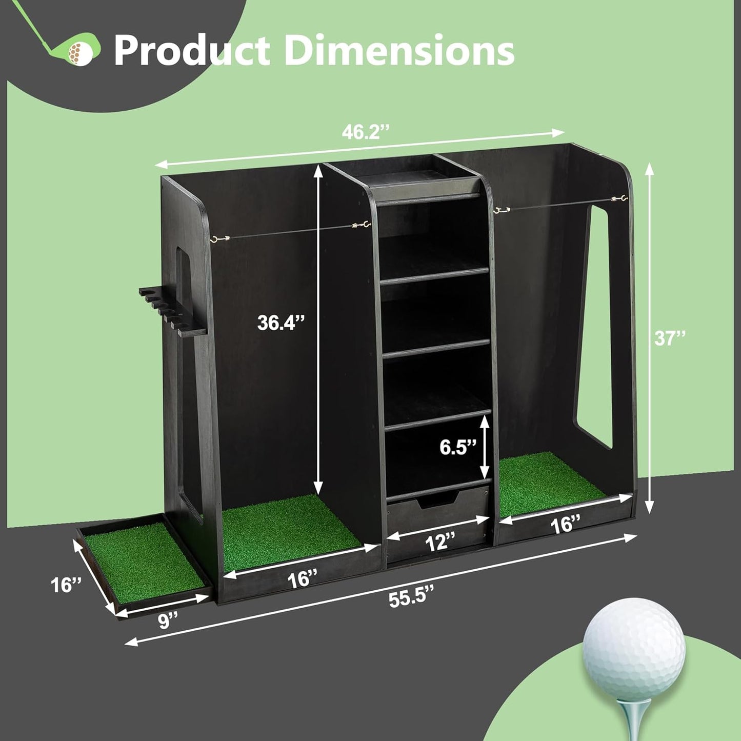 Golf Bag Organizer Storage Rack Large Wooden for 2 Bags, Golf Club Stand Holder with Drawer, Sports Equipment Rack for Garage, Practice Room, Home or Office