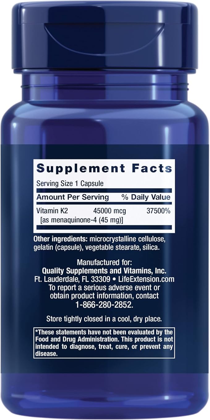 Life Extension Mega Vitamin K2 High Potency for Strong Bones, clinically Studied 45 mg K2 Dosage, Promotes Healthy Bone Density, Gluten-Free, Non-GMO, 30 Capsules