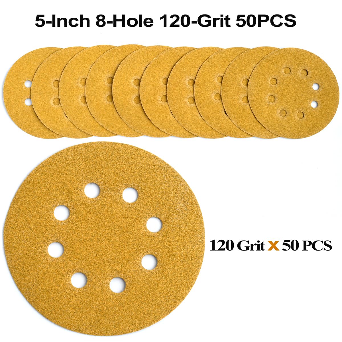 5-Inch 8-Hole Hook and Loop Sanding Discs 120-Grit Random Orbit Sandpaper, 50-Pack