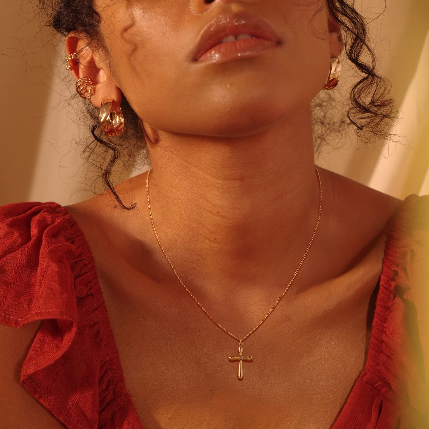 Fettero 14K Gold Plated Cross Necklace, Cross Faith Balloon Pendant Dainty Chain Simple Tiny Jewelry Gift for Women