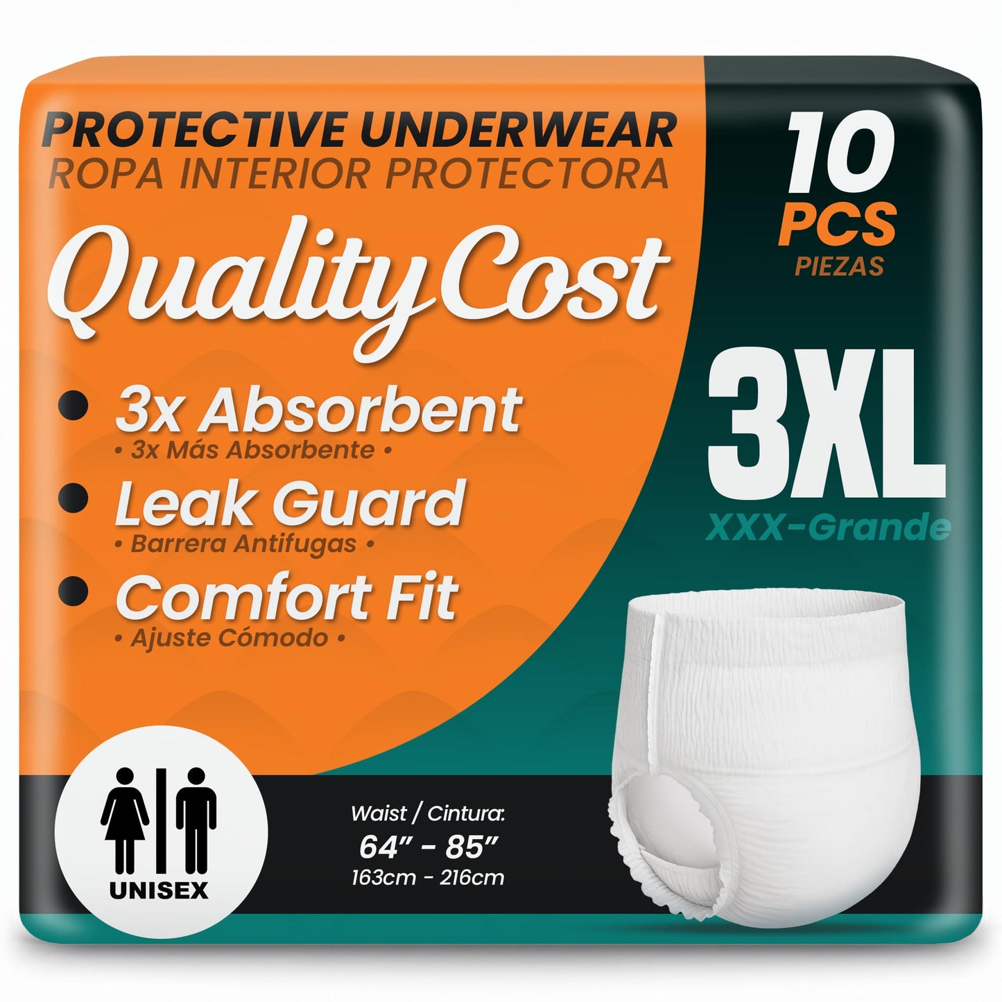 QualityCost Adult Diapers Men and Women Incontinence Overnight Pull-Ups – Pull-On Briefs, Disposable Undergarments, Maximum Absorbency, Leak Proof, Single-Use, 3XL (64–85 inch Waist), 10 Count