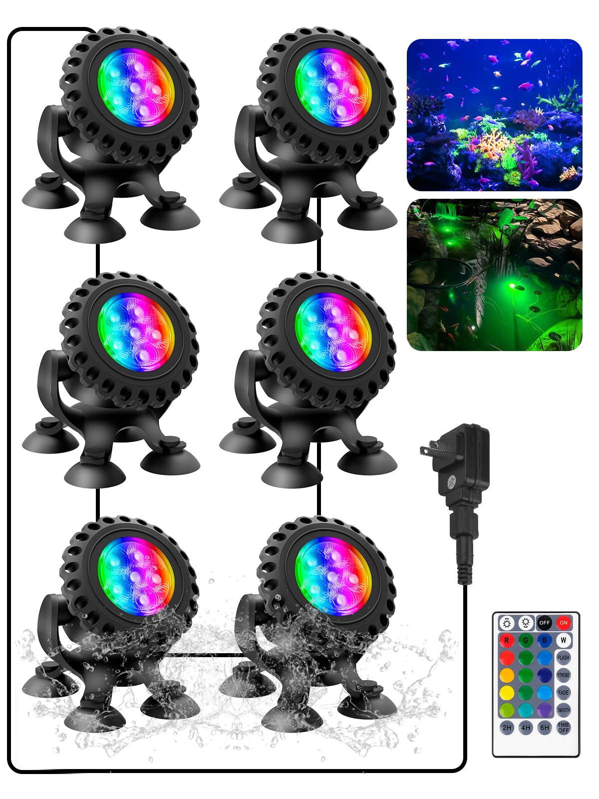 T-SUN Underwater Pond Lights, 6-Head Multicolor LED, IP68 Waterproof, Remote Control, for Koi Pond and Aquarium, Model TS-F2220-V2