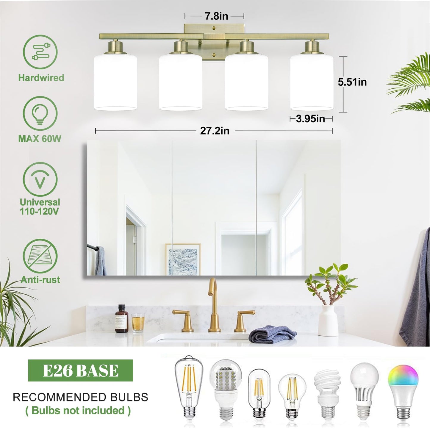 MOKATNG 4-Light Bathroom Light Fixtures, Aged Brass Vanity Light with Milky White Shades, Bathroom Lighting Fixtures Over Mirror, Modern Bathroom Wall Lamp for Mirror Living Room Cabinet Bedroom
