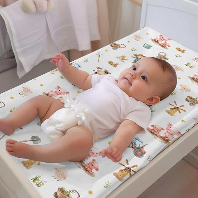 Soft 2 Pack Farm Animal Cow Sheep Pigs Tractor Pattern Baby Changing Pad Covers for Infant Newborn, Unisex Farm Nursery Fitted Diaper Changing Table Pad Mat Sheets for Boys Girls-16x32