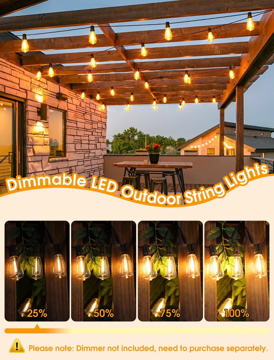 Larkvue Outdoor String Lights, 75FT, Black, 30+3 LED Dimmable Waterproof ST38 Bulbs, Model GLS-20J2P-E17-ST38-15
