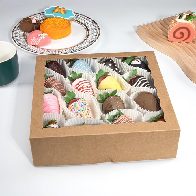 Brown Bakery Boxes with Window (6pcs, 9x9x2.5 Inch) for Christmas: Ideal for Pie, Cookies, Chocolate Covered Strawberries, Breakable Heart & Charcuterie