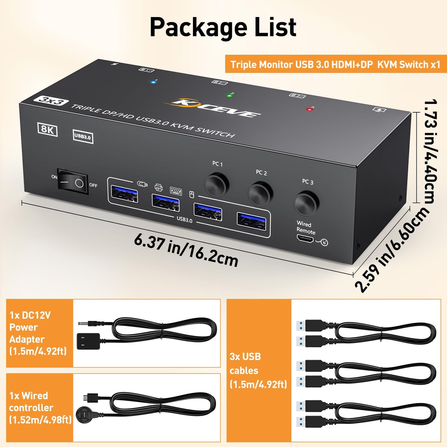 8K KVM Switch 3 Monitors 3 Computers HDMI + DisplayPort, KCEVE USB 3.0 DP KVM Switcher, 8K@30Hz/4k@144Hz Triple Monitor DP KVM for 3 PC Share 3 Display and 4 USB 3.0 Devices