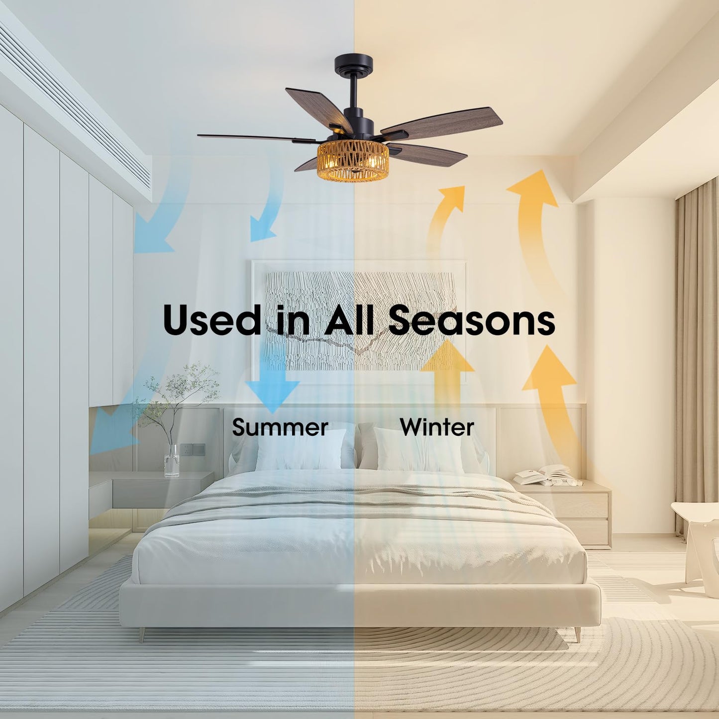 Luminfan 46 Inch Boho Black Rattan Ceiling Fans With Lights And Remote Control, Farmhouse Caged Rattan Ceiling Fan For Dining Ro