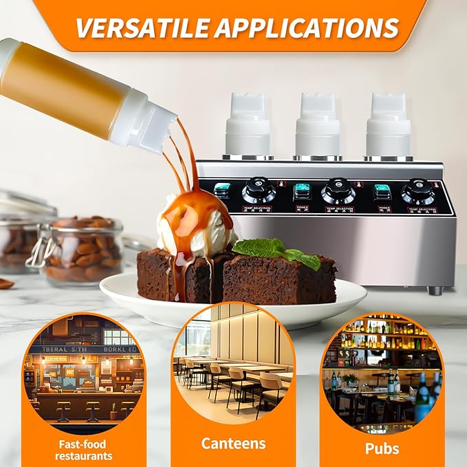 Generic YOOKTEN Electric Cheese Sauce Warmer Dispenser,0.68x3 Qt Commercial Cheese Dispenser Bottle Warmer Hot Chocolate Warmer and Dispenser 86-185℉Nacho Cheese Warmer with Bottles, Silver