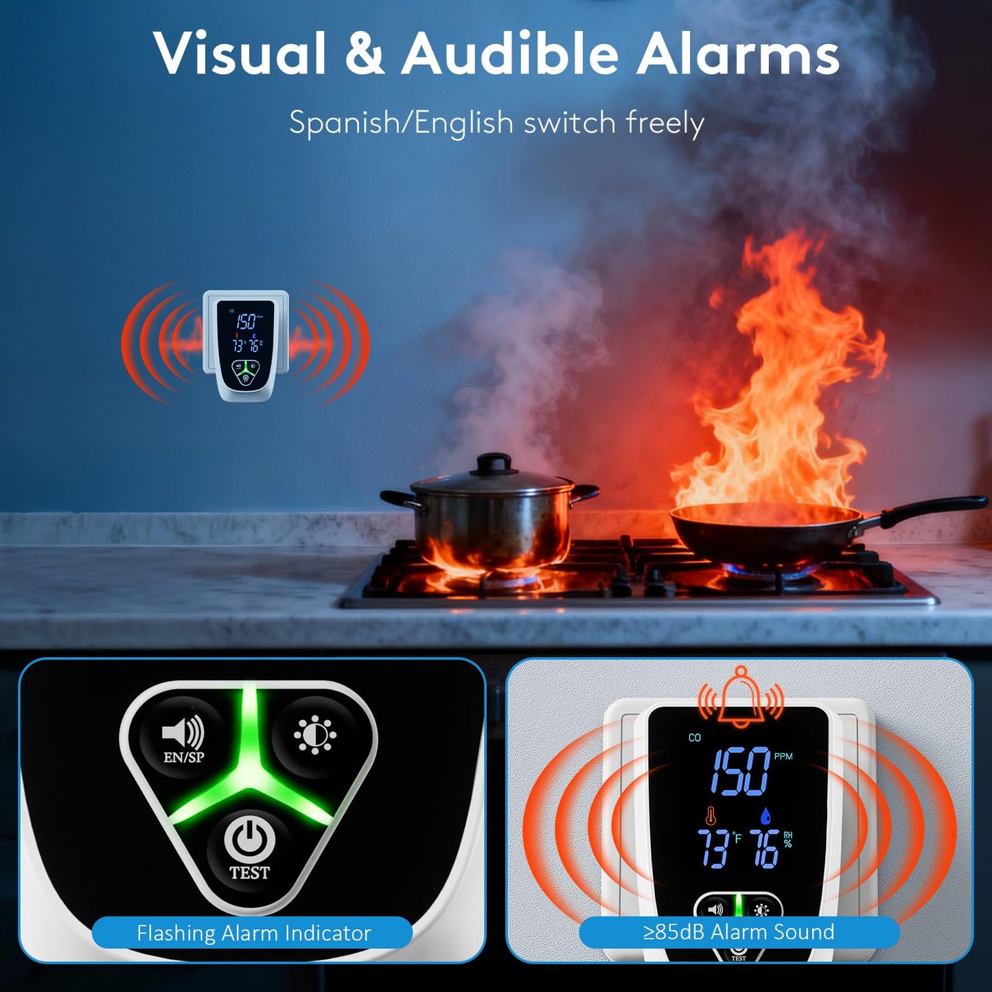 5-in-1 Carbon Monoxide Detectors Plug in, Smoke Alarm & Natural Gas Leak Detector with Temperature & Humidity Sensor, Portable CO Detector with LCD Display Sound & Light Alert for Home Travel