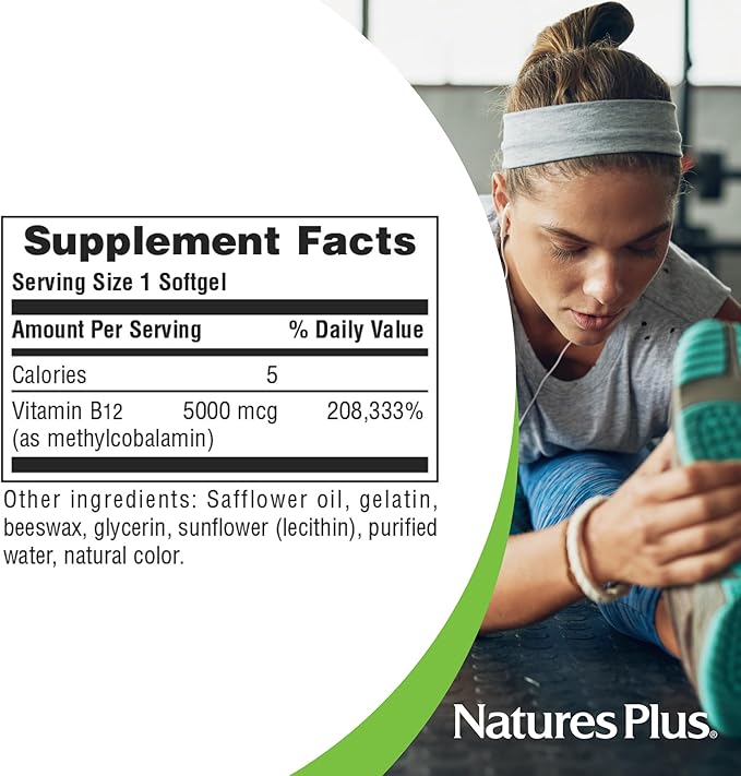 Natures Plus Shot-O-B12 (Cyanocobalamin) - 5000 mcg, 30 Softgels - High Potency, Fast Acting B12 Supplement - Memory & Energy Booster - Gluten-Free - 30 Servings
