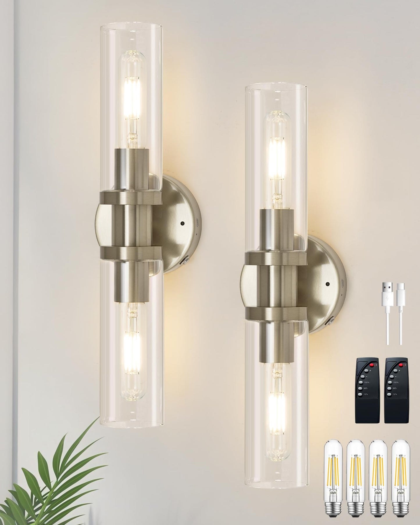 Rayogale Rechargeable Battery Wall Sconce Set of Two, Wireless, Dimmable, USB-C Charging, Sand Nickel, Model WL-7116-SN-2P