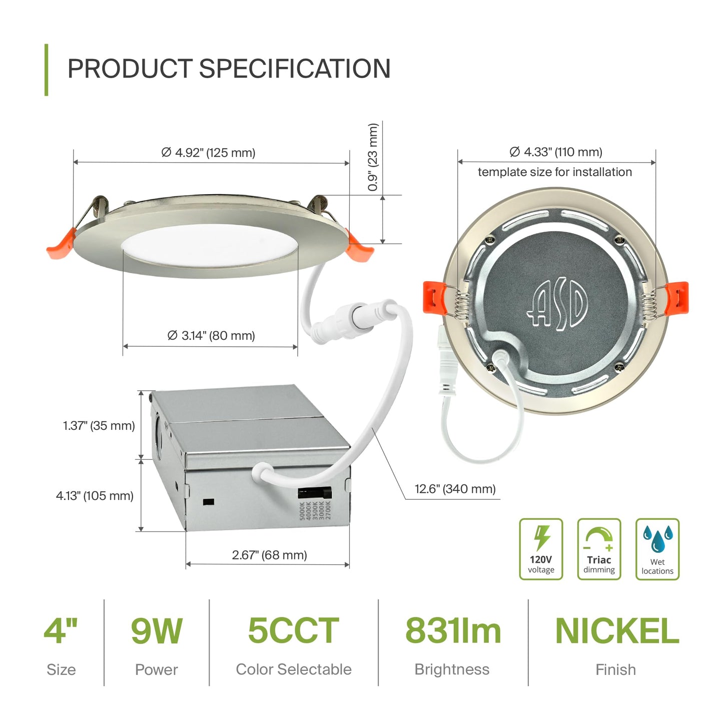 ASD 6 Pack LED Recessed Lighting 4 Inch 9W, 5 CCT 2700K-5000K CRI90+, IC Rated Ultra Thin Dimmable Ceiling Lights with J Box, Canless Wafer Downlight, Round Slim Panel Light, Energy Star ETL, Nickel