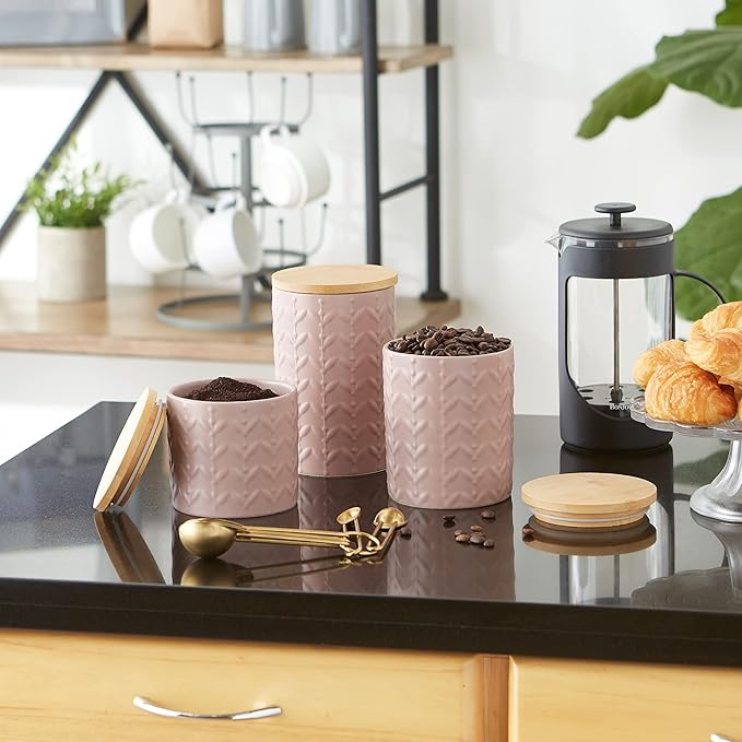 DII Kitchen Accessories Collection, Textured Matte Ceramic Canister Set, Pale Mauve, Vine, 3 Piece