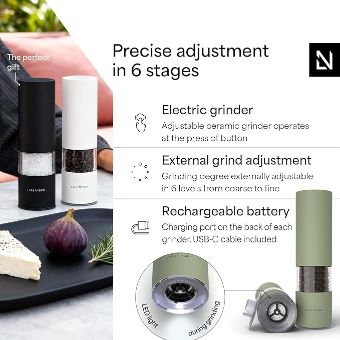 LARS NYSØM Electric Salt and Pepper Grinder Set I Automatic Salt and Pepper Mills with Adjustable Ceramic Grinder I USB Rechargeable Electric Spice Mill Set with LED Light (Sage Green)