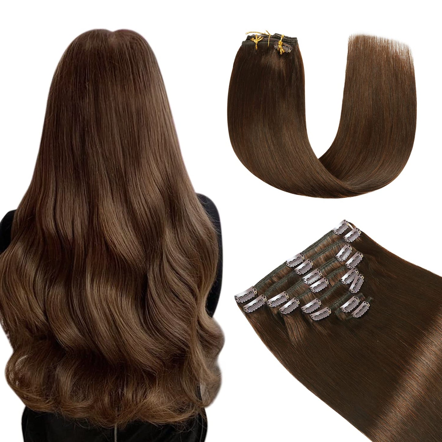 YILITE Hair Extensions Clip in 100% Real Human Hair 8Pcs/Pack 120g Chocolate Brown Thick Silky Straight Remy Human Hair Extensio